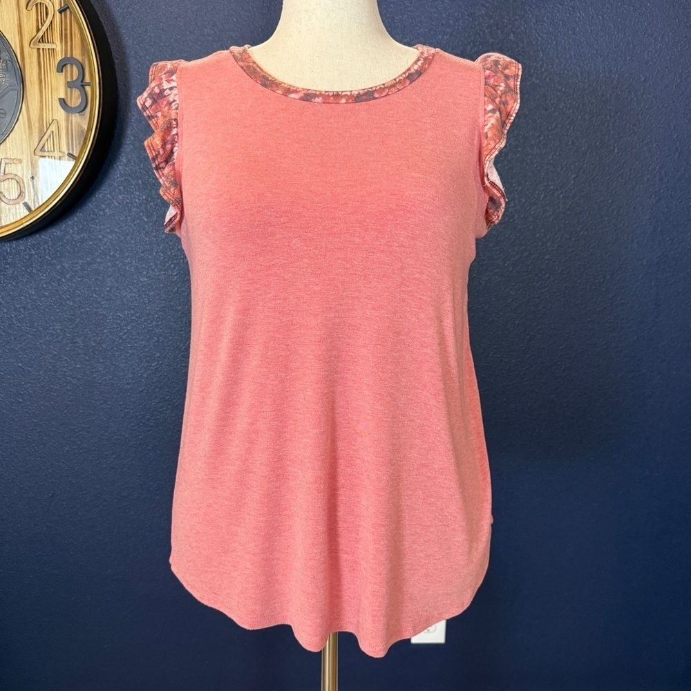 Ces Femme Coral Pink Flora Ruffle Sleeve Tee | Size Large